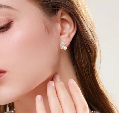 Califina Customized Natural Seawater Pearl 4-4.5mm with Natural Diamond Earrings