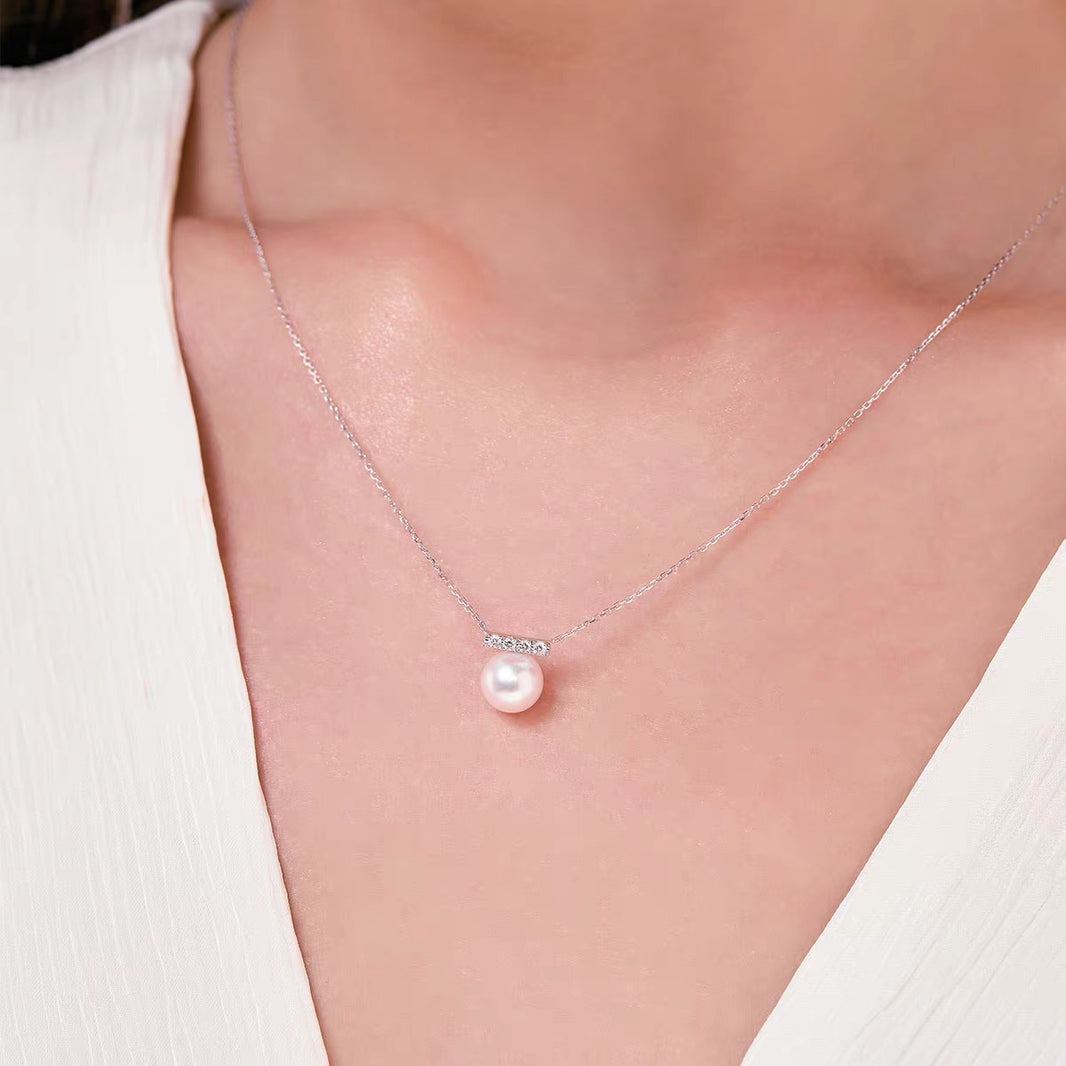Califina Natural Seawater Akoya Pearl 7.5-8mm with Natural Diamond 18K Gold-tone Necklace for Gift