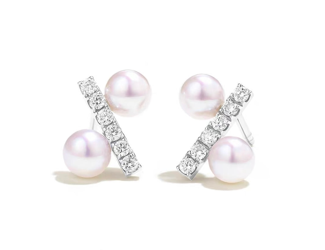 Califina Customized Natural Seawater Pearl 4-4.5mm with Natural Diamond Earrings