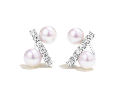 Califina Customized Natural Seawater Pearl 4-4.5mm with Natural Diamond Earrings