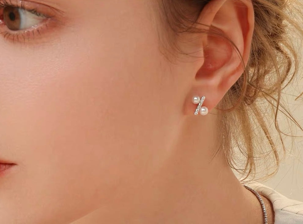 Califina Customized Natural Seawater Pearl 4-4.5mm with Natural Diamond Earrings