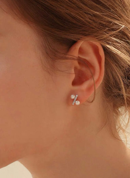 Califina Customized Natural Seawater Pearl 4-4.5mm with Natural Diamond Earrings